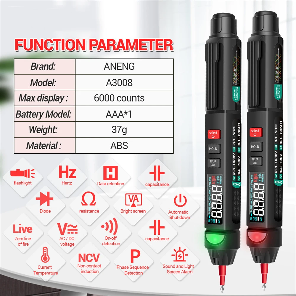 A3008 Digital Multimeter Auto Intelligent Sensor Pen Tester 6000 Counts NonContact Voltage Meter Multimetre Polimetro Tool