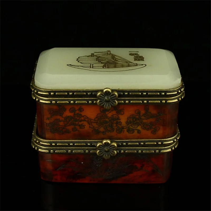 

Antique White Marble Jewelry Box Old Ox Bone Inlaid White Jade Carved Double-Layer Rouge Box Smooth Pattern