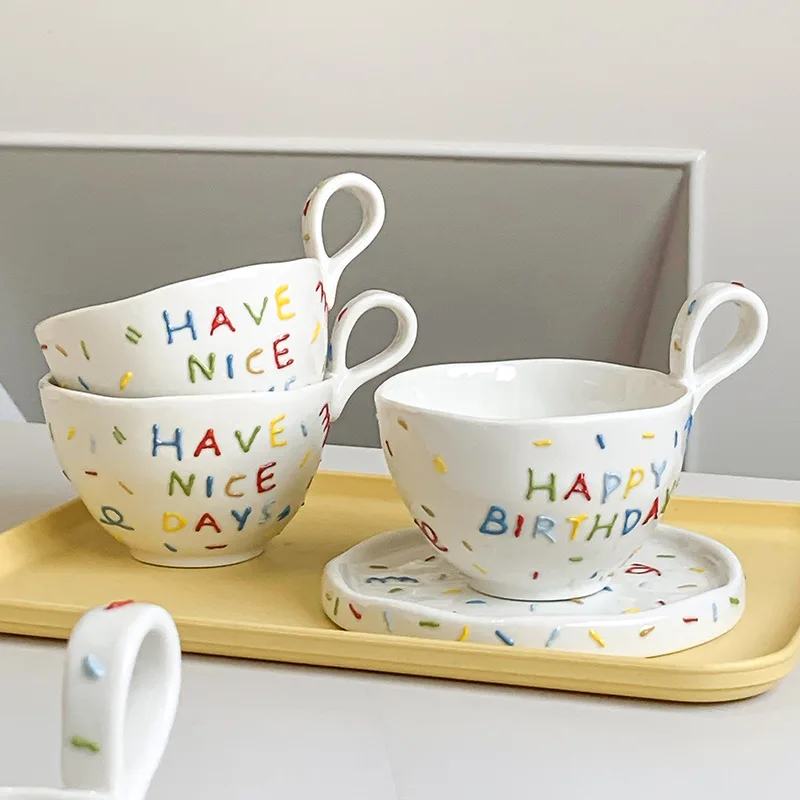 300ml Irregular Ceramic Coffee Cups Breakfast Oat Milk Dinner Picnic Mug Happy Birthday Water Cup for Kids Couple Sugar Drinking