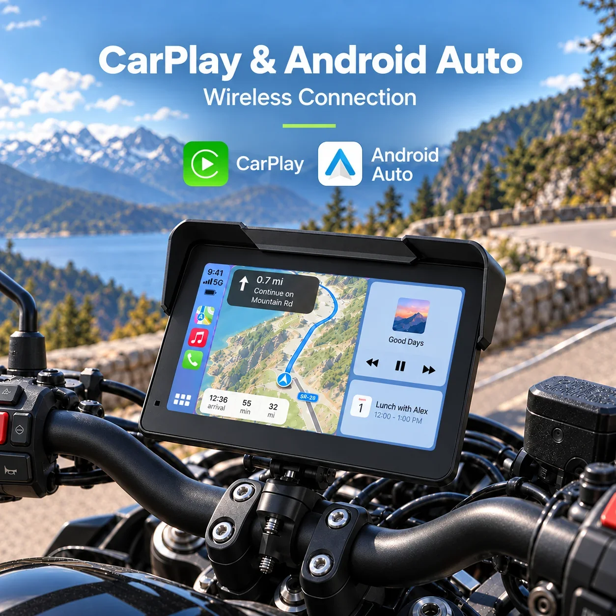 Aoocci D7B 7" Motorcycle Smart Display Wireless CarPlay Android Auto Dual 2K Dash Cam 10Hz GPS AI Visual Radar TPMS IP67