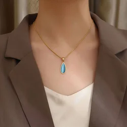 Vintage Translucent Blue Green Water-drop Pendant Necklace Stainless Steel Fashion Jewelry Party Birthday Gift For Women Girls
