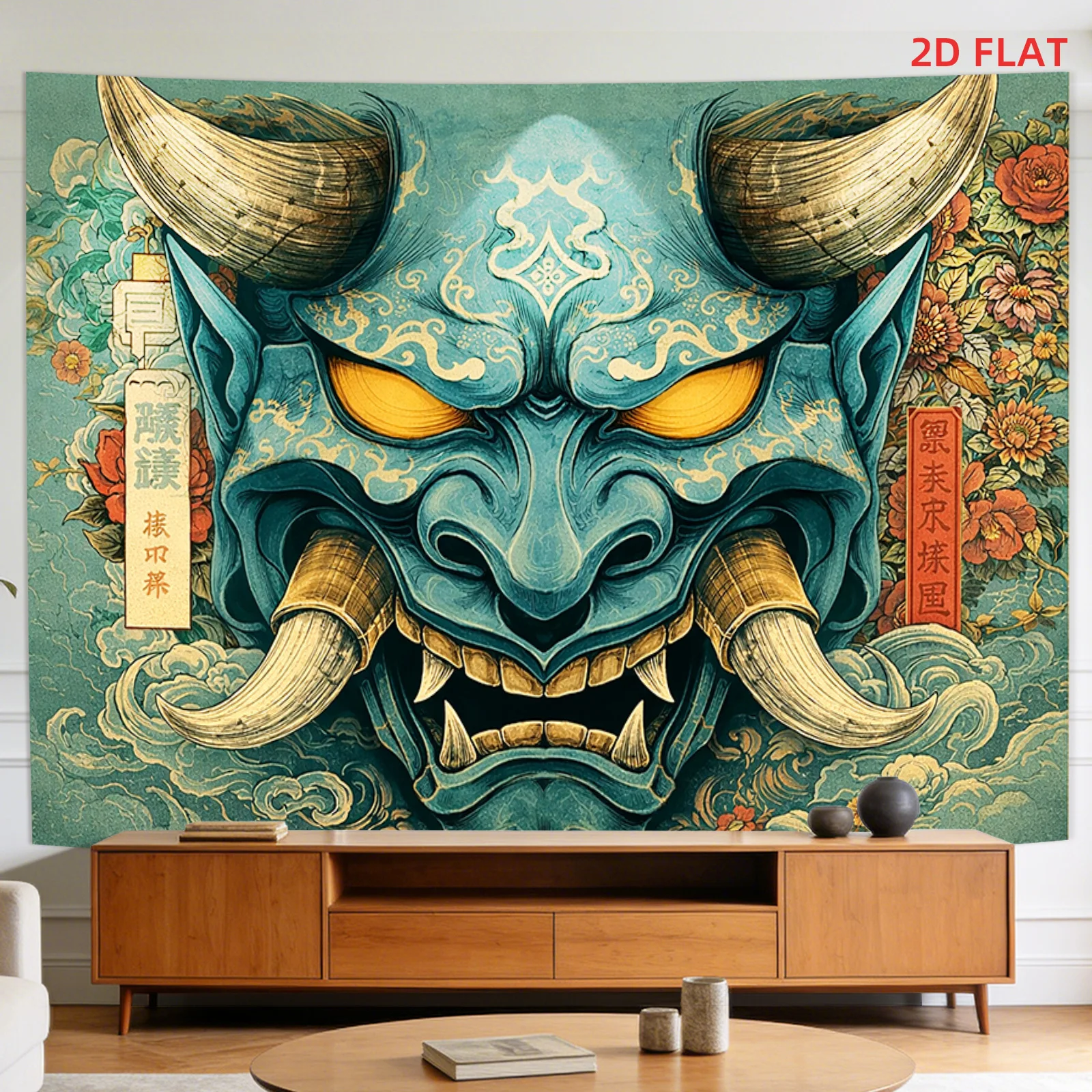 1 Large Size/small Size Pattern Printed Tapestry- Blue Oni Mask, Asian Art, Demon, Horns, Tusks., Room Wall Decoration, Non-lumi