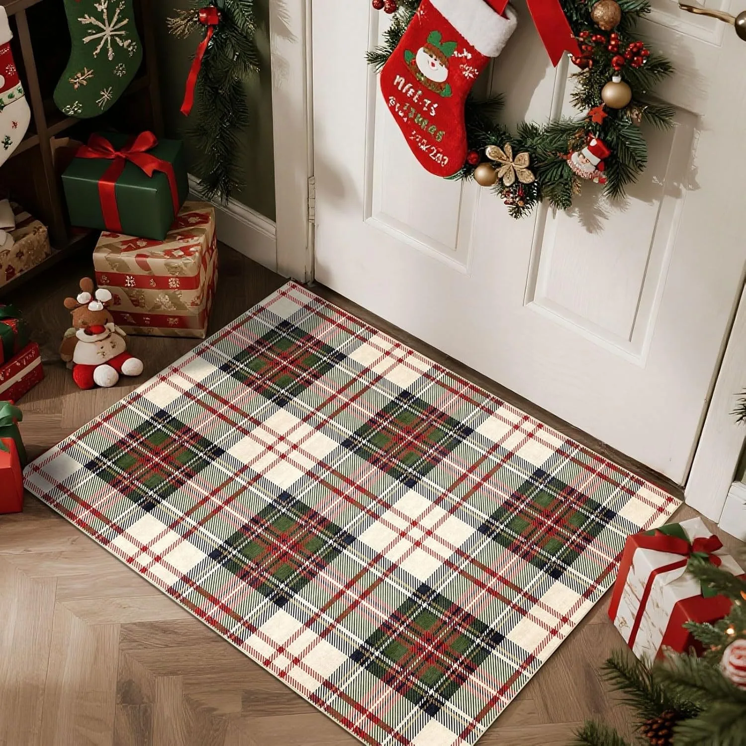 Red Green Tartan Plaid Carpet Warm Retro Floor Mat for Living Room Bedroom Farmhouse Rustic Decor Easy Clean Durable Indoor Rug
