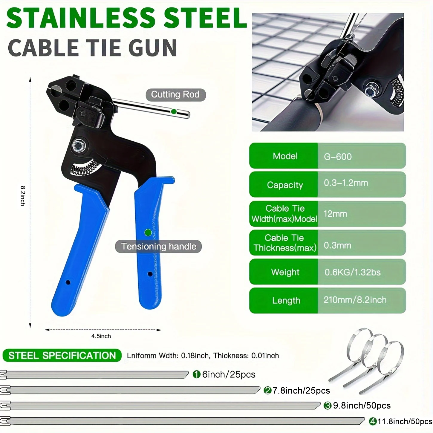 Stainless Steel Cable Tie Gun Set, Cable Tie Gun Kit, 200Lbs Tensile Strength and UV-Resistant Self-Locking Metal Zipper for Agricultural Fencing, Pipe Installation, Construction, and Automotive Applications – Heavy-Duty Fastening System