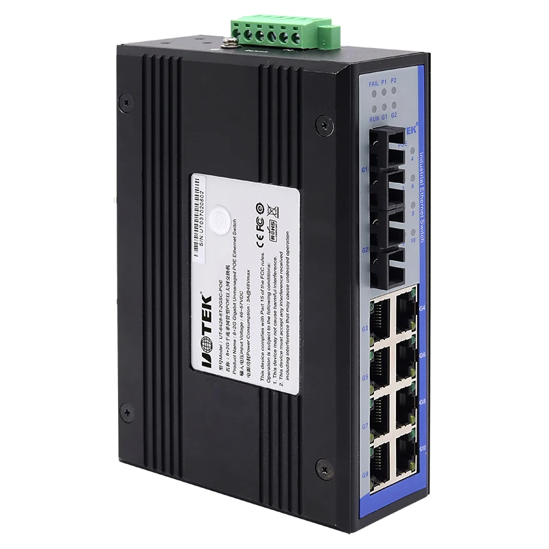 Uotek Industriële Klasse 8 Poorten Rj45 Netwerk Onbeheerde Poe Ethernet Switch 2 Gigabit Optische Vezel 1000M Sep Sc UT-6428-POE