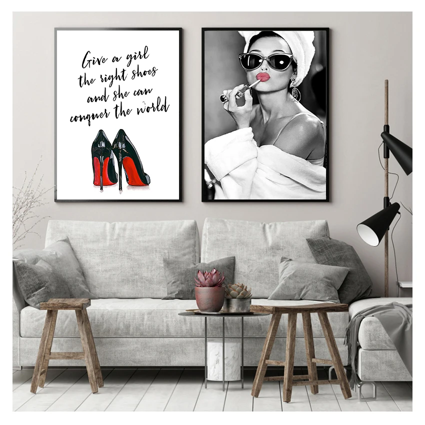 Modern Posters Prints Canvas Painting Wall Art High Helels Picture For Bedroom Home Decor Classic Audrey Hepburn Potrait Make Up