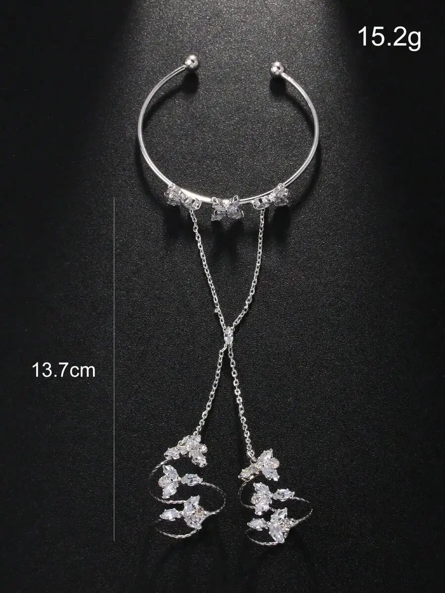 SGIAWETA-1pc Flower Knuckle Ring Hand Chain, Luxury Zirconia Hand Back Chain For Women, European And American Bride Wedding Bracelet-birthdaygift view 4