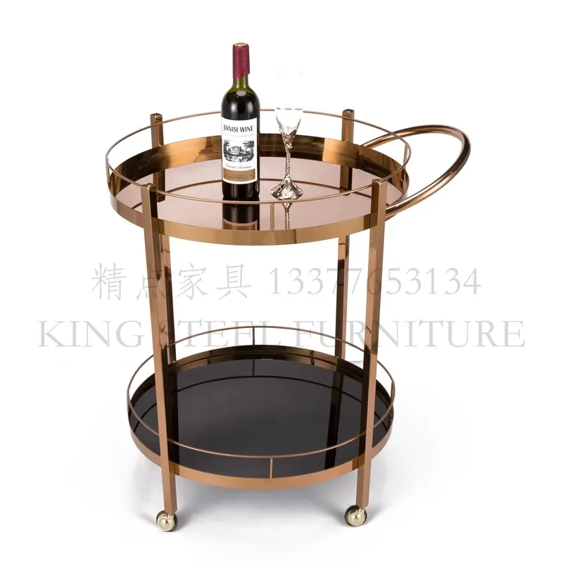 Liquor Trolley Rose Gold with Black Glass Service Trolley for Hotel Restaurant Food Delivery Trolley Oval