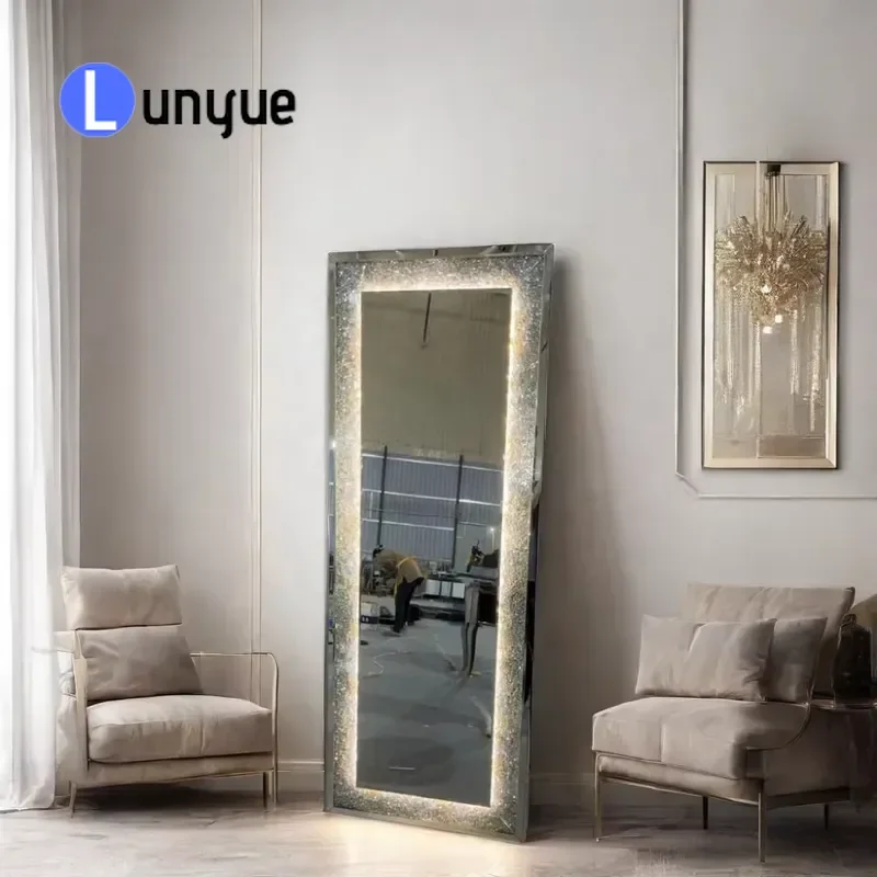 Classic Industrial Crushed Diamond Floor Standing Mirror with LED Light Decorative Framed Glass for Home Bedroom Bathroom