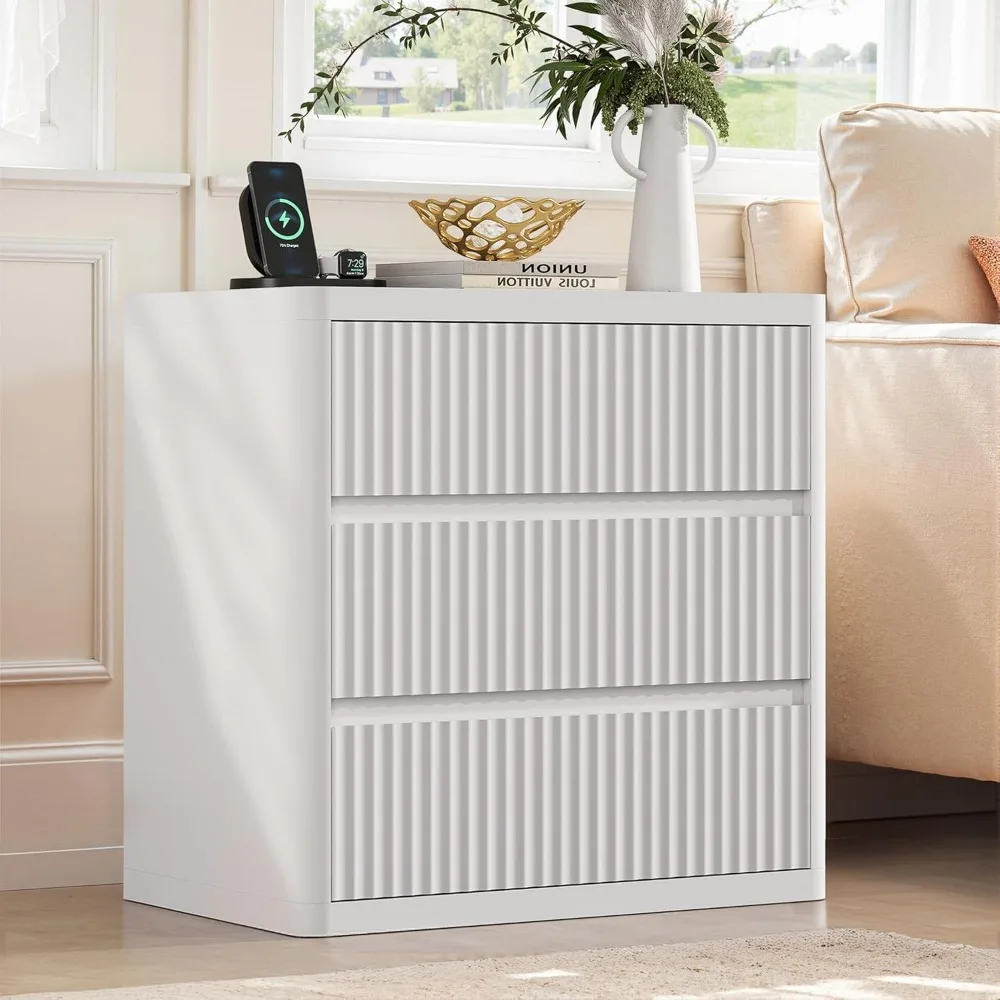 

White Bedside Table with 3 Drawers and Groove Bedside Table with Large Storage Space