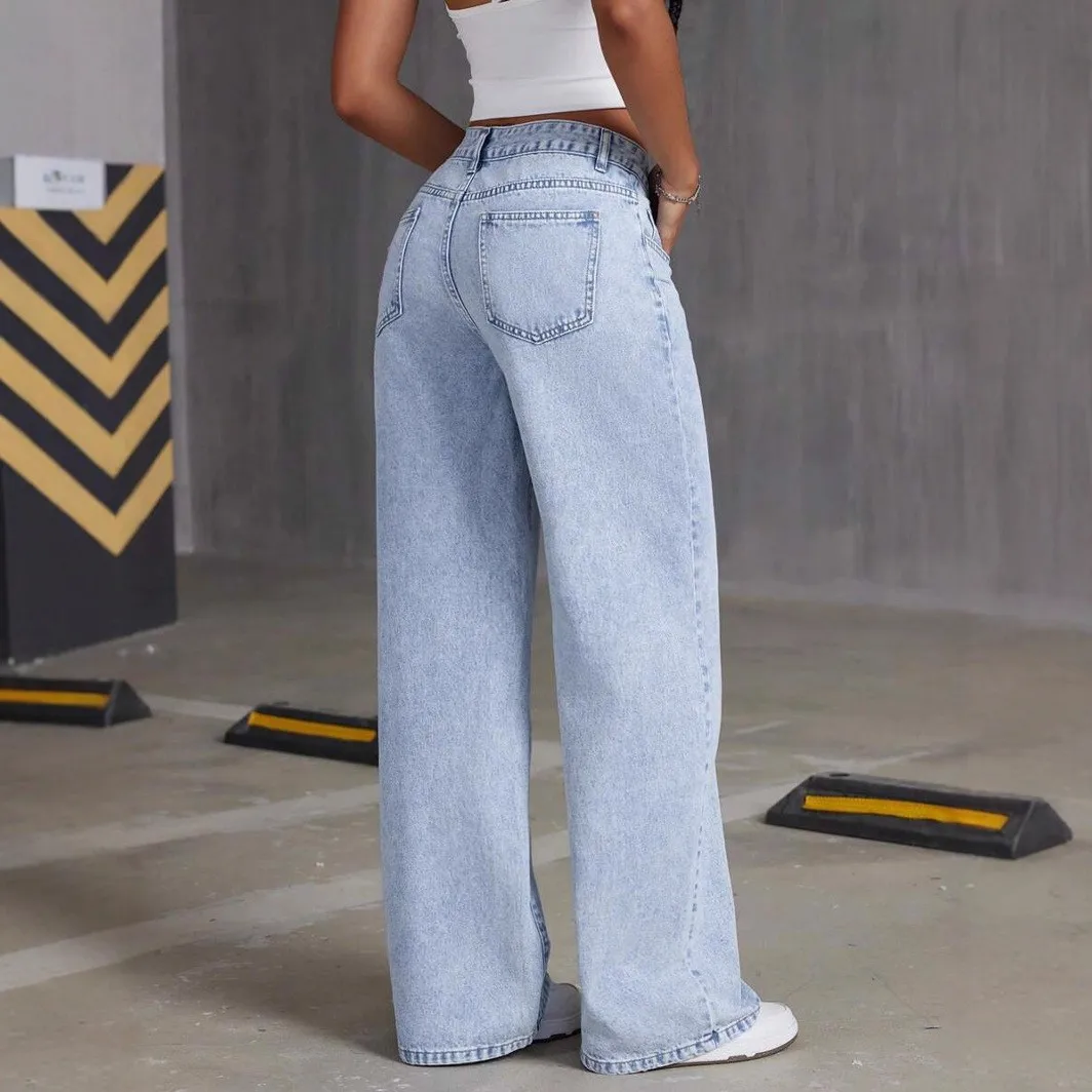 Loose Fit Simple Basic Wide Leg Floor Length Casual Wash Denim Trousers for Women European American Four Seasons Fashion Jeans