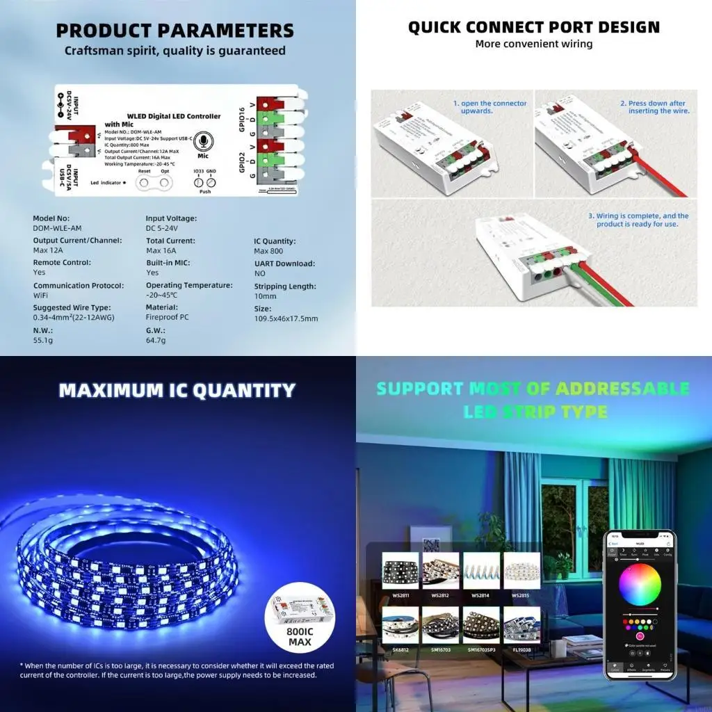 WiFi LED Controllers Music Sensitive LED Strips Driver Voice Controls Home Assistants Integration for WS2812B