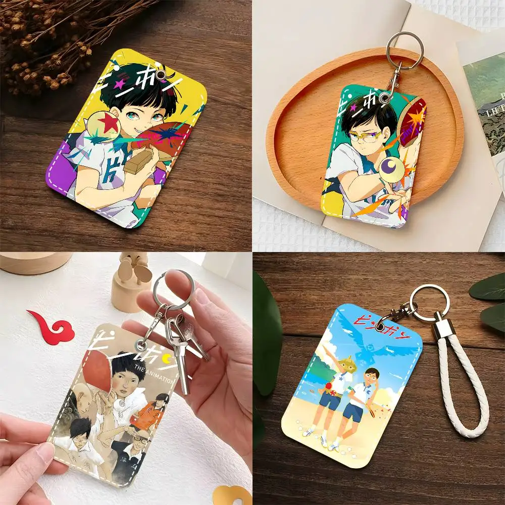 1pc Ping Pong The Animation Card Case Keychain Access Card Bag Key Tag Ring Leather Card Holder Key Ring Access