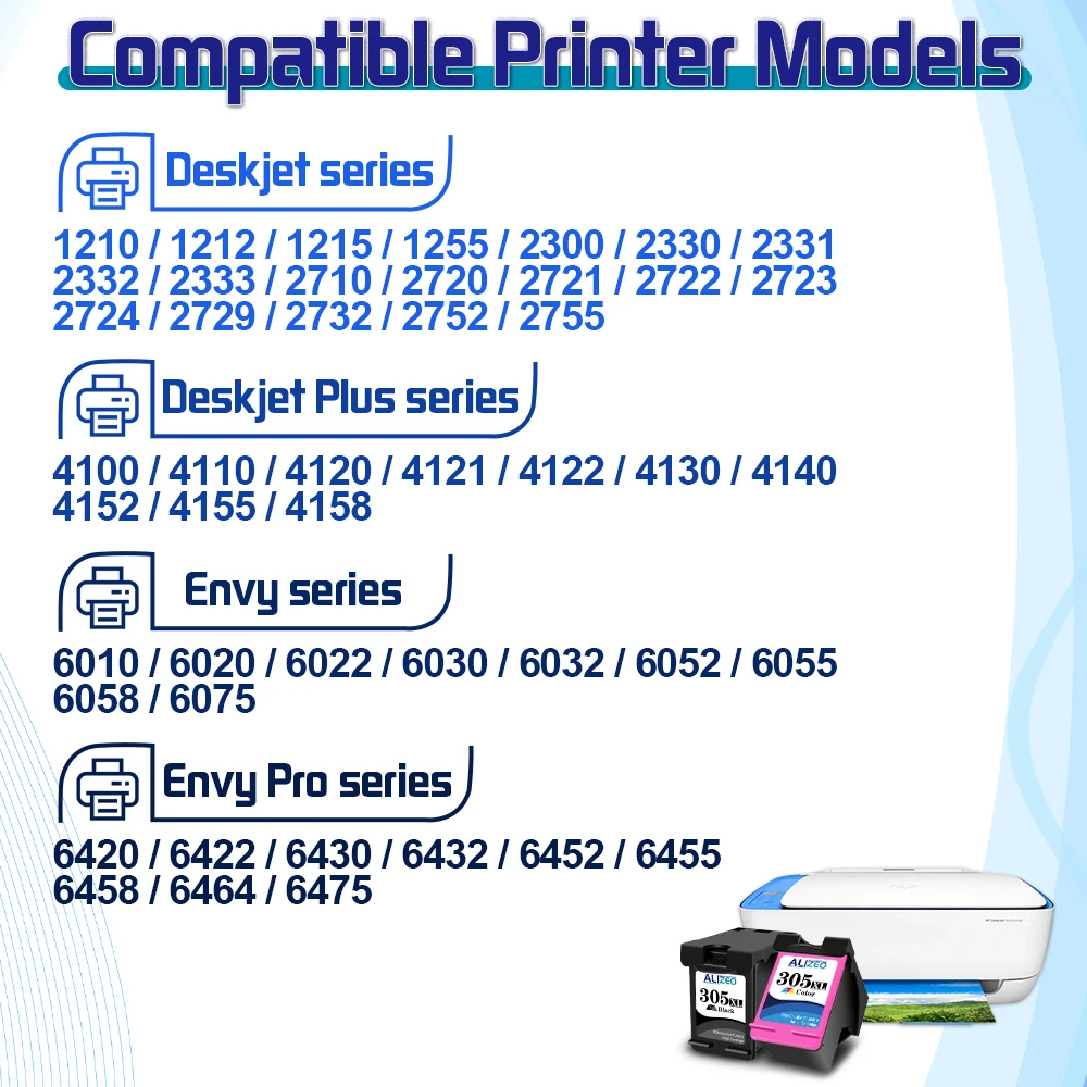 Alizeo 305 XL Ink Cartridge remanufactured For HP305 For HP Deskjet ENVY Officejet 1210 1212 1215 1255 2300 2330 2331 2332