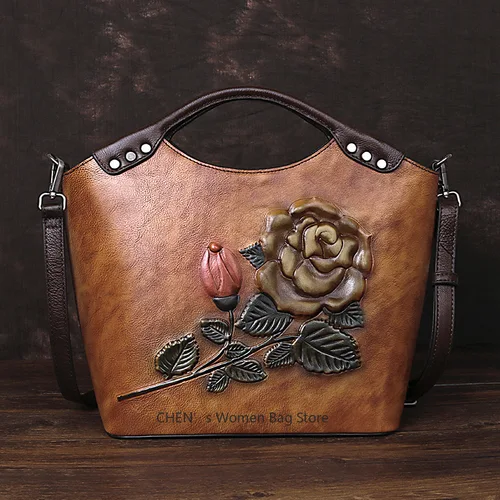 Imagen 2 del producto Bolso de hombro hecho a mano con relieve para mujer, bolsos de piel auténtica, bolsos de diseñador de lujo con flores para mujer, novedad de 2025