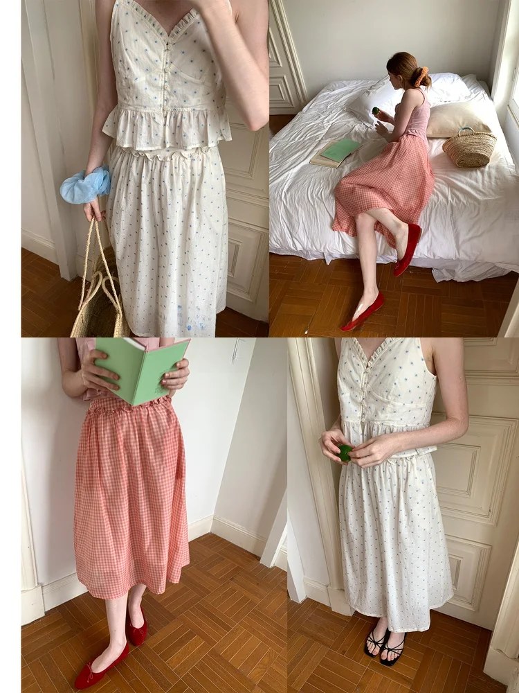 

Silk Cotton Plaid High Waist A-Line Midi Skirt Lightweight Summer Long f Skirt Ele Aosphere White We Park