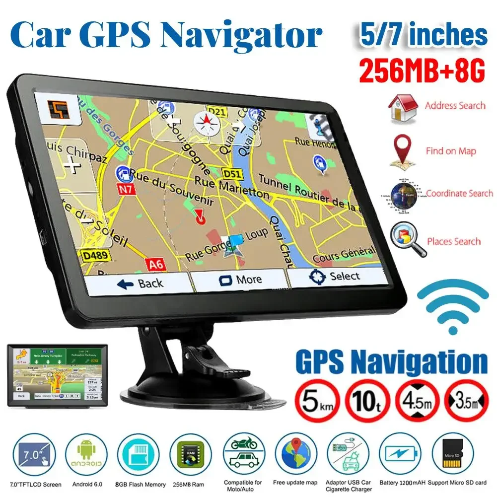 

5/7-дюймовый HD GPS-навигатор для автомобиля с сенсорным экраном, 256 МБ + 8 ГБ, GPS-навигатор для автомобилей и грузовиков с картами Европы и Северной Америки