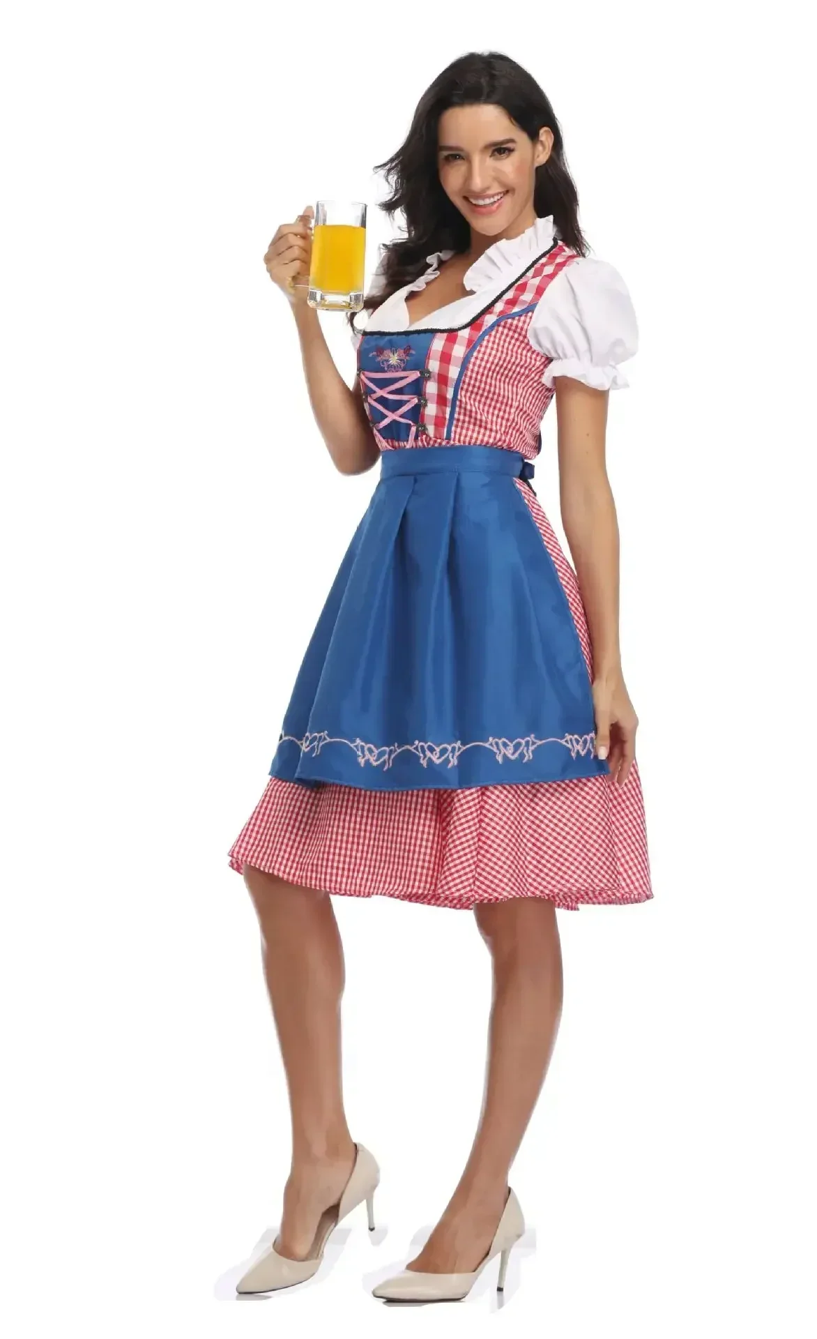 Lady Dirndl Oktoberfest Costume Bavarian National Pink Plaid Clubwear Cosplay Halloween Carnival Fancy Party Dress
