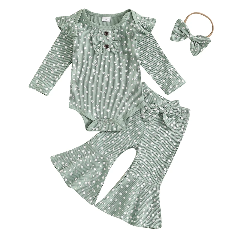 

Baby Girls Fall Outfit Long Sleeve Letters Ghost Print Romper with Patchwork Flare Pants and Headband Clothing Set