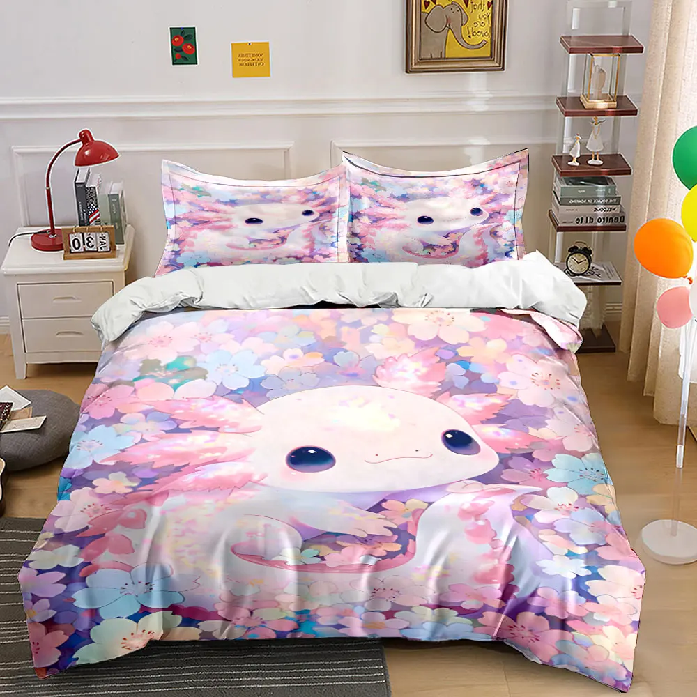 Dreamy pink salamanders and cherry blossoms Bedding Set for Kids Luxury Gift 3pcs Digital Print Comforter Set Soft Comfortable