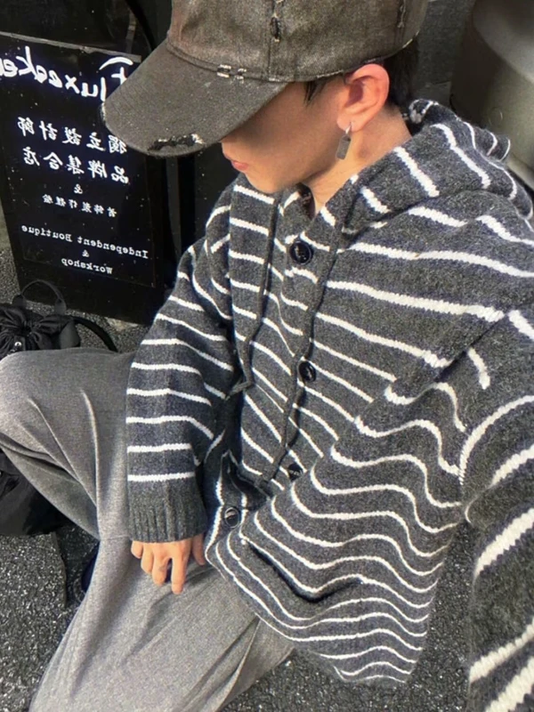 

Мужской полосатый кардиган-свитшот в американском ретро-стиле, осенне-зимний, мягкий, уютный, вязаный, с капюшоном, повседневная одежда