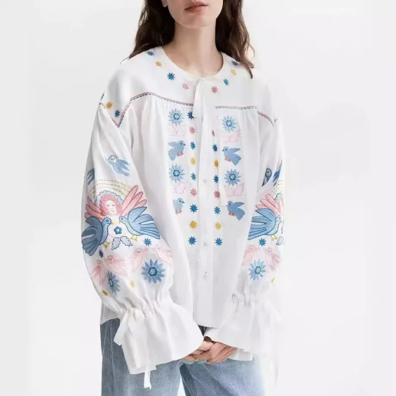 Women 2024 Early Autumn New Sweet Embroidered Round Neck Tie Lantern Sleeve Linen Shirt