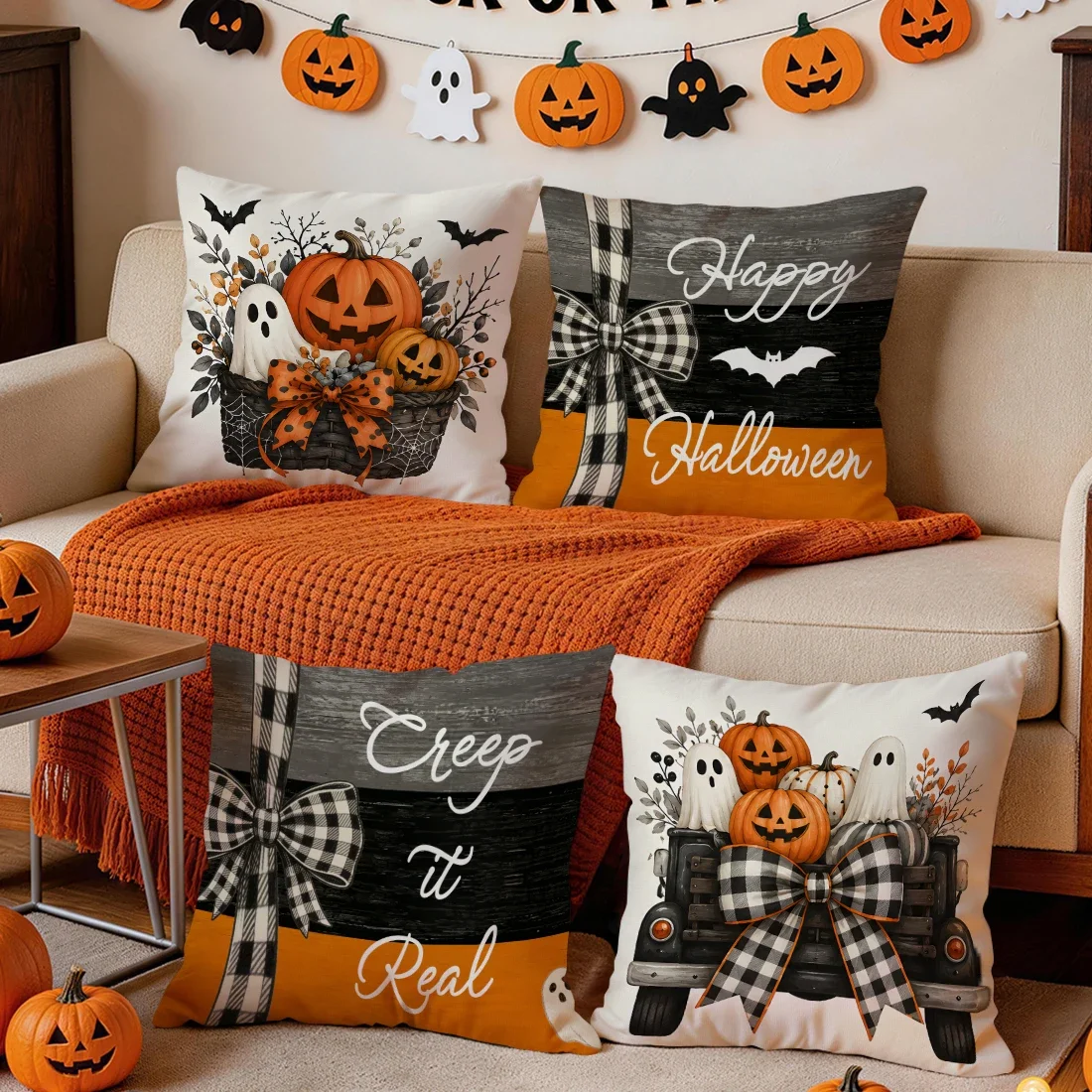 1pcs/4pcs Plaid Bow Halloween Truck Cushions Pillowcase Polyester Cushion Cover Throw Pillow Pillowcover Home Car Sofa Decor