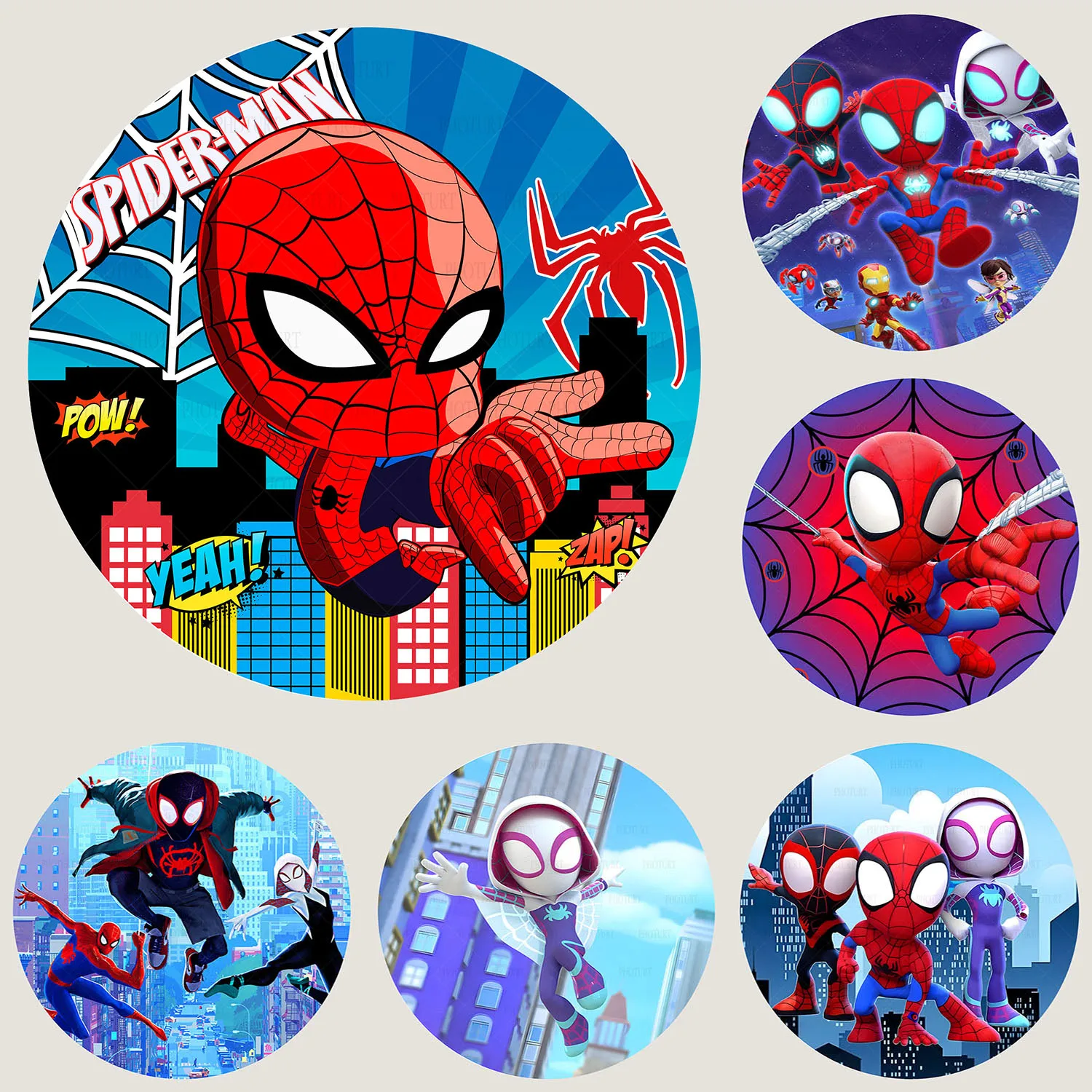 Fondo redondo de superhéroe Spiderman Spidey Friends, telón de fondo para fiesta de cumpleaños para niños, cartel circular, accesorios de fotografía