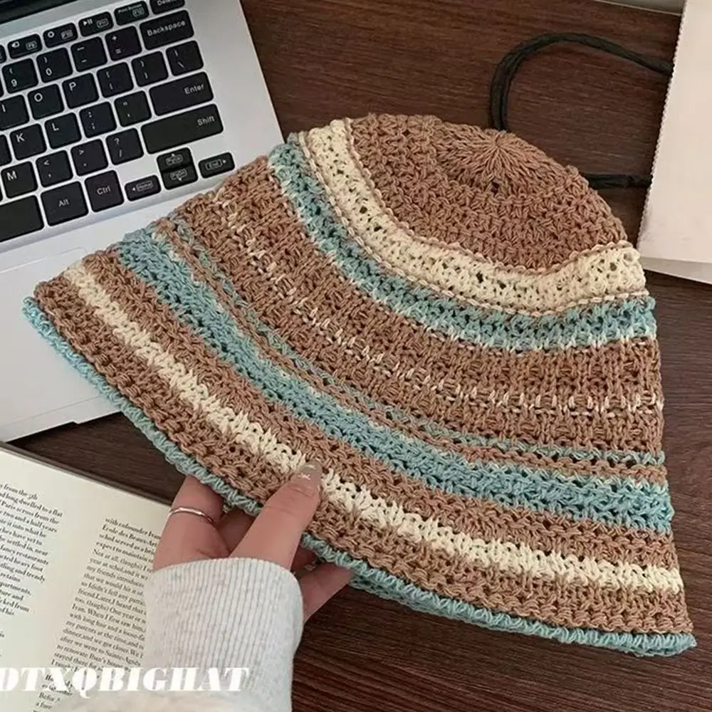 Striped Knitted Hollow Fisherman Hat Big Eaves Breathable Crochet Bucket Hat Multicolor UV Protection Straw Bucket Cap Summer