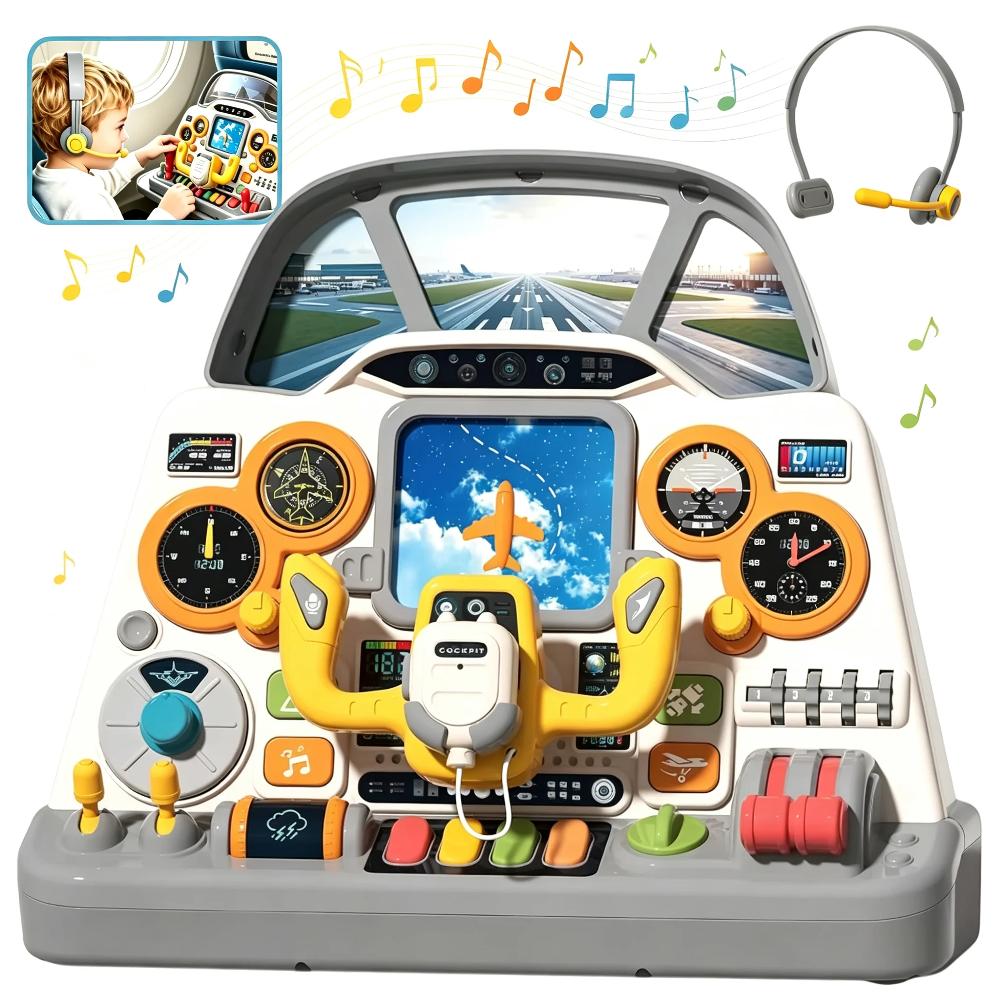 Cool Plane Dashboard Steering Wheel Toy, Light & Sound Pilot Simulation Set, Interactive Pretend Play Gift for Kids Ages 3+