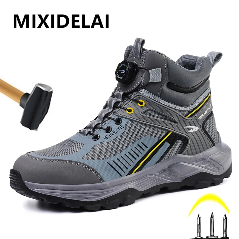 

Рабочие защитные ботинки для мужчин с вращающейся кнопкой, защитой от ударов и проколов, стальным носком, кроссовки для работы, защитные ботинки, мужская обувь