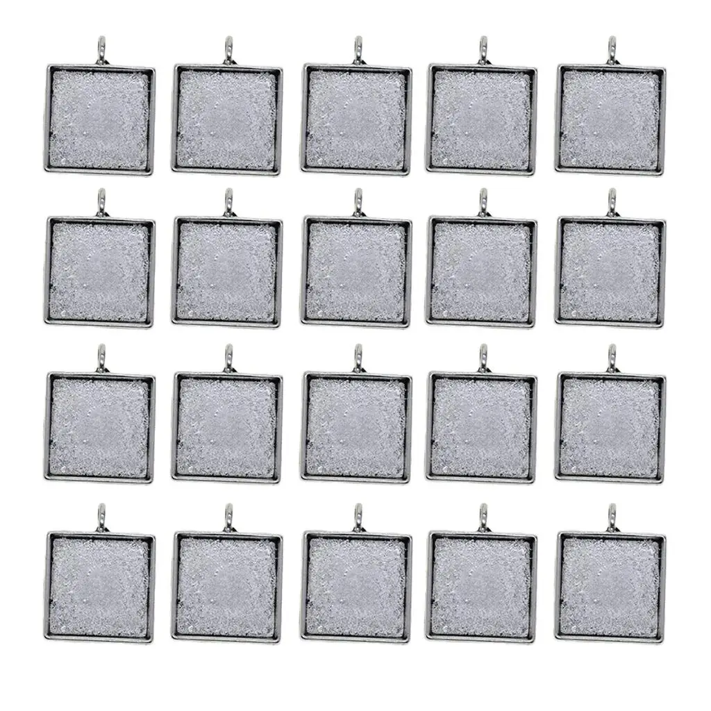 Packung mit 20 Charms-Anhängertabletts, quadratische Lünette, Anhänger-Lünette, Cabochon-Fassungen, 20 mm