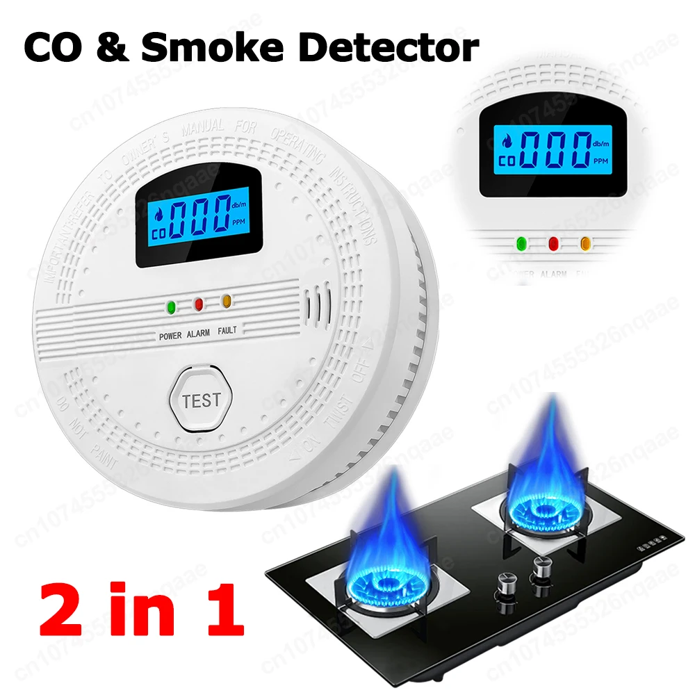 Detektor Karbon Monoksida dan Asap 2 In 1 Peringatan Suara & Indikator LED Alarm Co Api Portabel Alarm Monitor Gas CO Sensor CO