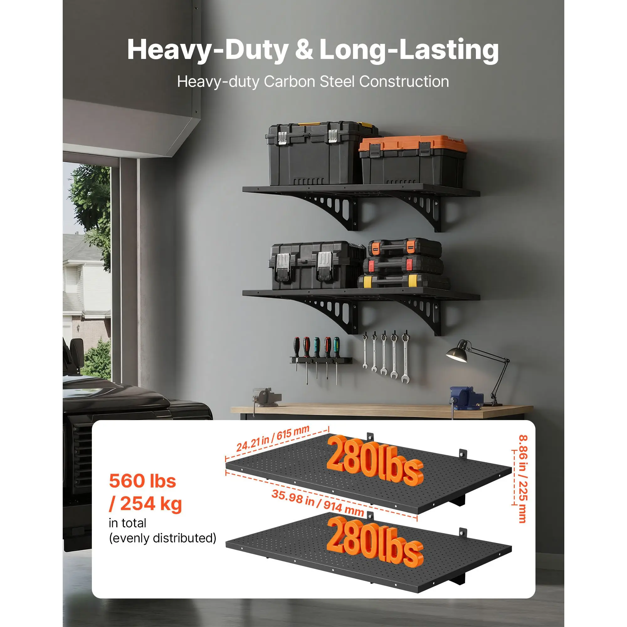 2-Tier Heavy Duty Wall Garage Shelving, 2 x 3 ft Steel Mounted Unit, 12 x 72 Inch Per Shelf Floating Storage Metal Rack for with