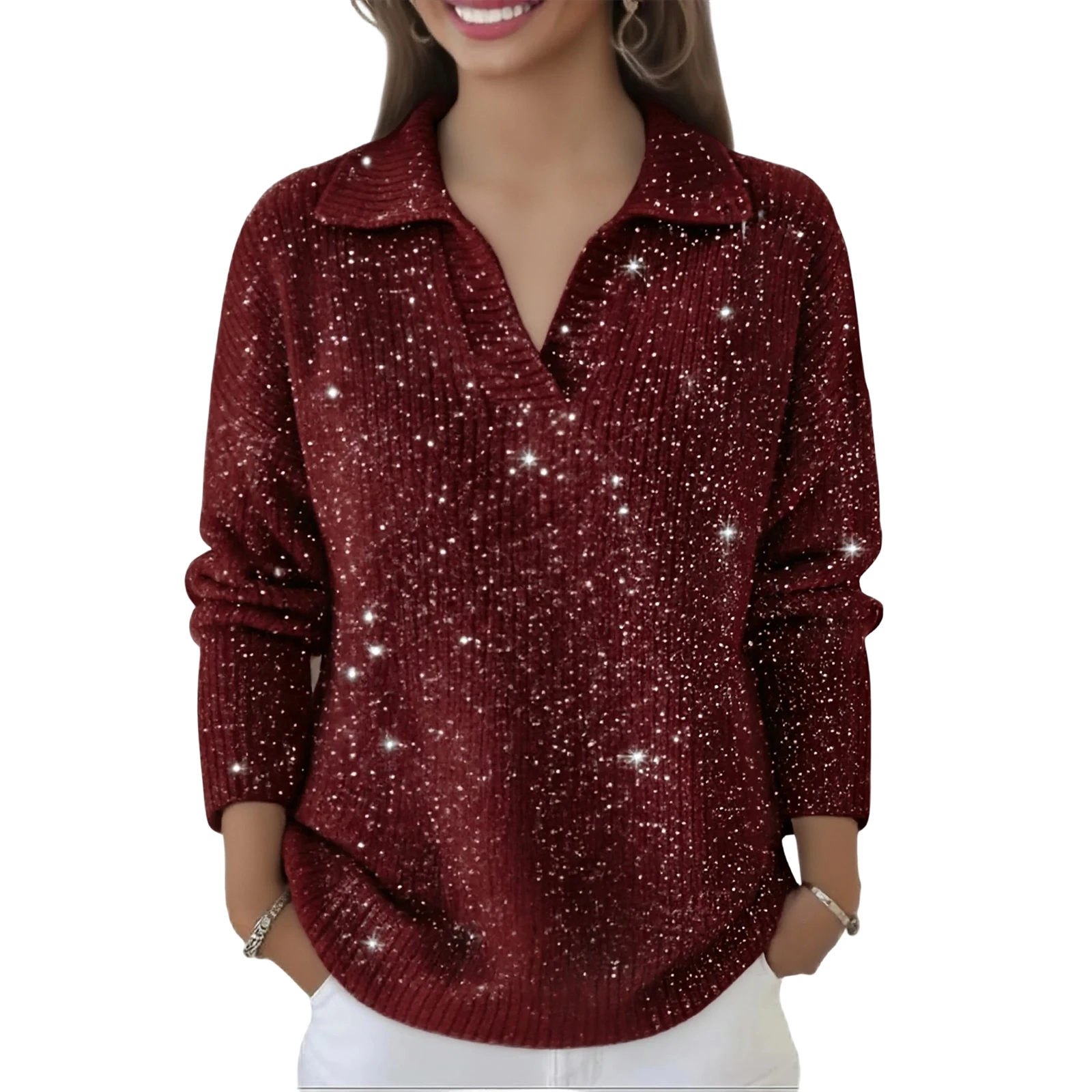 

Women's Casual Knit Sweaters Fashionable V-Neck Long Sleeved Knitted Solid Color Top Sweater Autumn Winter Sweater For Women