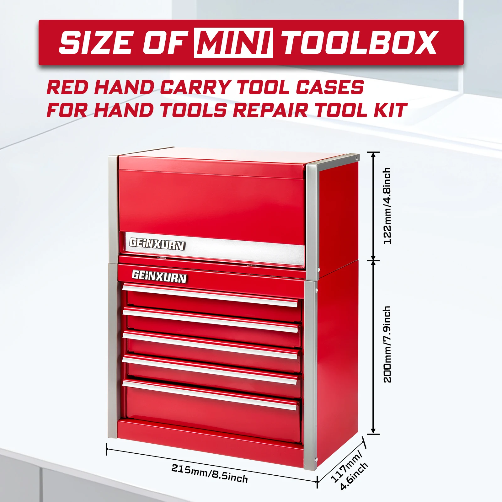 Geinxurn Mini Tool Box, Red Portable 3 or 5 Drawer Micro Roll Cab Steel Stackable Tool Cases with Magnetic Tab Locking
