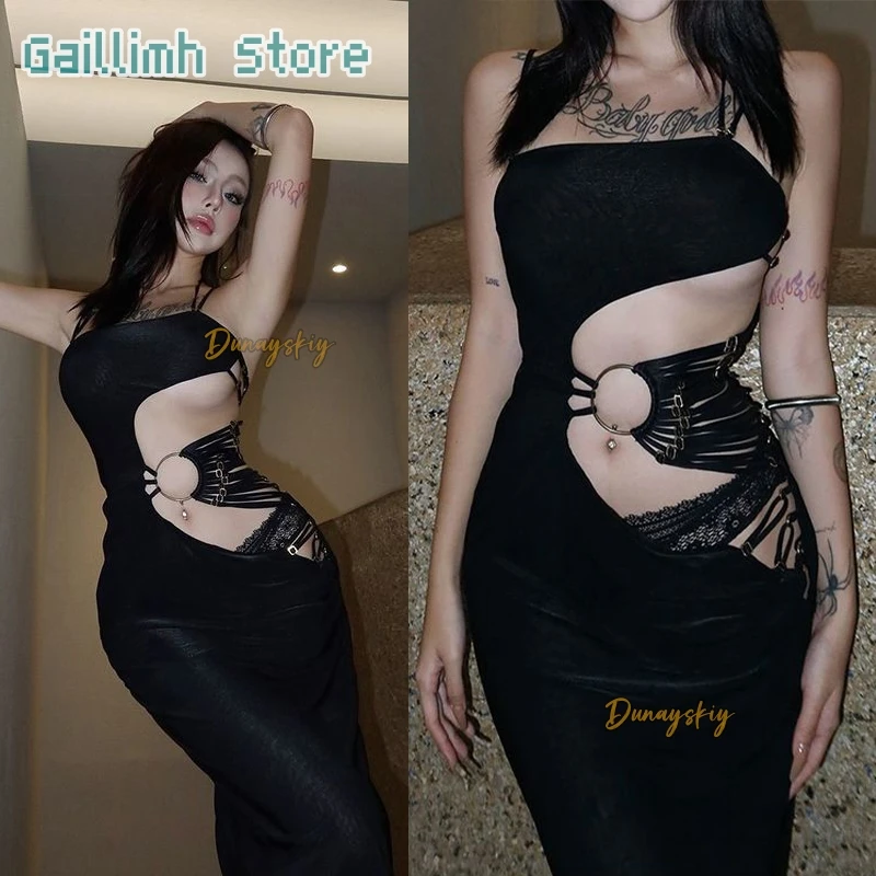 

Sexy Gothic Witch Cosplay Dres Costume Hollow Out Aesthetic Sleeveless Bodycon Evening Dress Women Halloween Uniform 코스프레 Suits