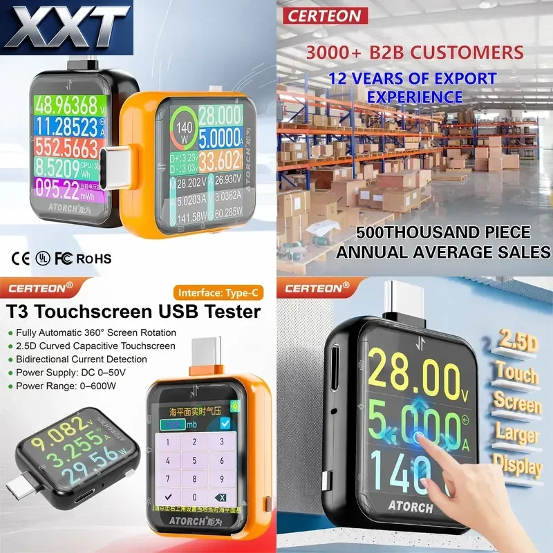 XXT T3 USB C Power Meter Tester 600W DC 0-50V Type C Voltage Current Meter PD Tester Bidirectional Touch Screen Tool