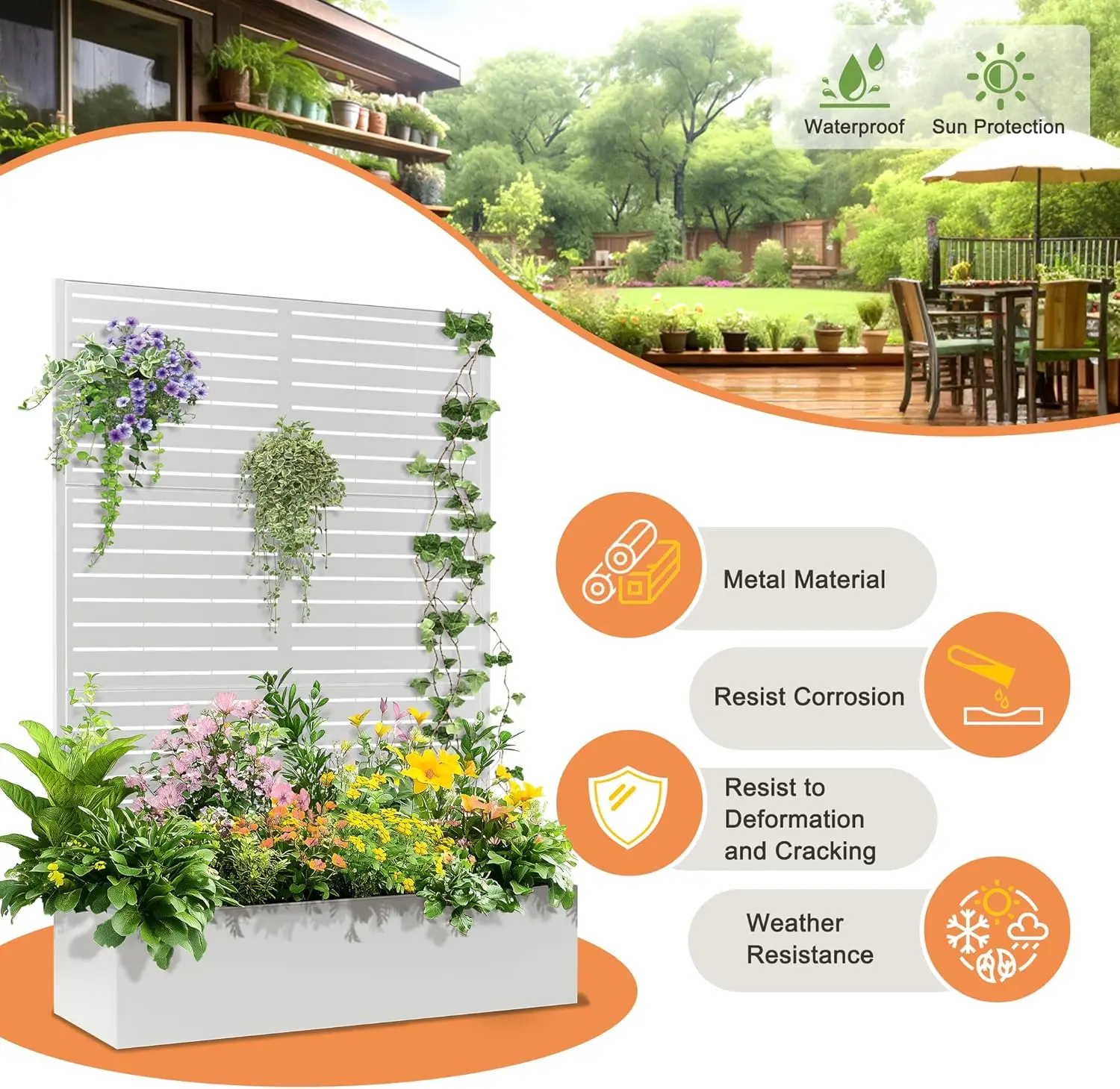 71""X47""X16"" Metal Planter Box With Trellis Raised Garden Bed With Trellis, Trellis With Planter Box & Privacy Screen, Metal