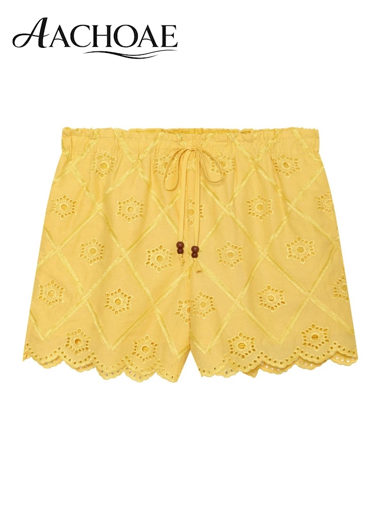 AACHOAE Women Boho Eyelet Embroidered Cotton Shorts High Waist Scallop Hem Beach Vacation Casual Summer Loose Shorts