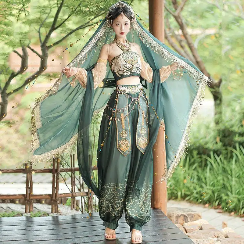 

Chinese Style Girl Dunhuang Exotic Hanfu Top Pants Set Exquisite Embroidered Tassel Decorative Dance Performance Costume