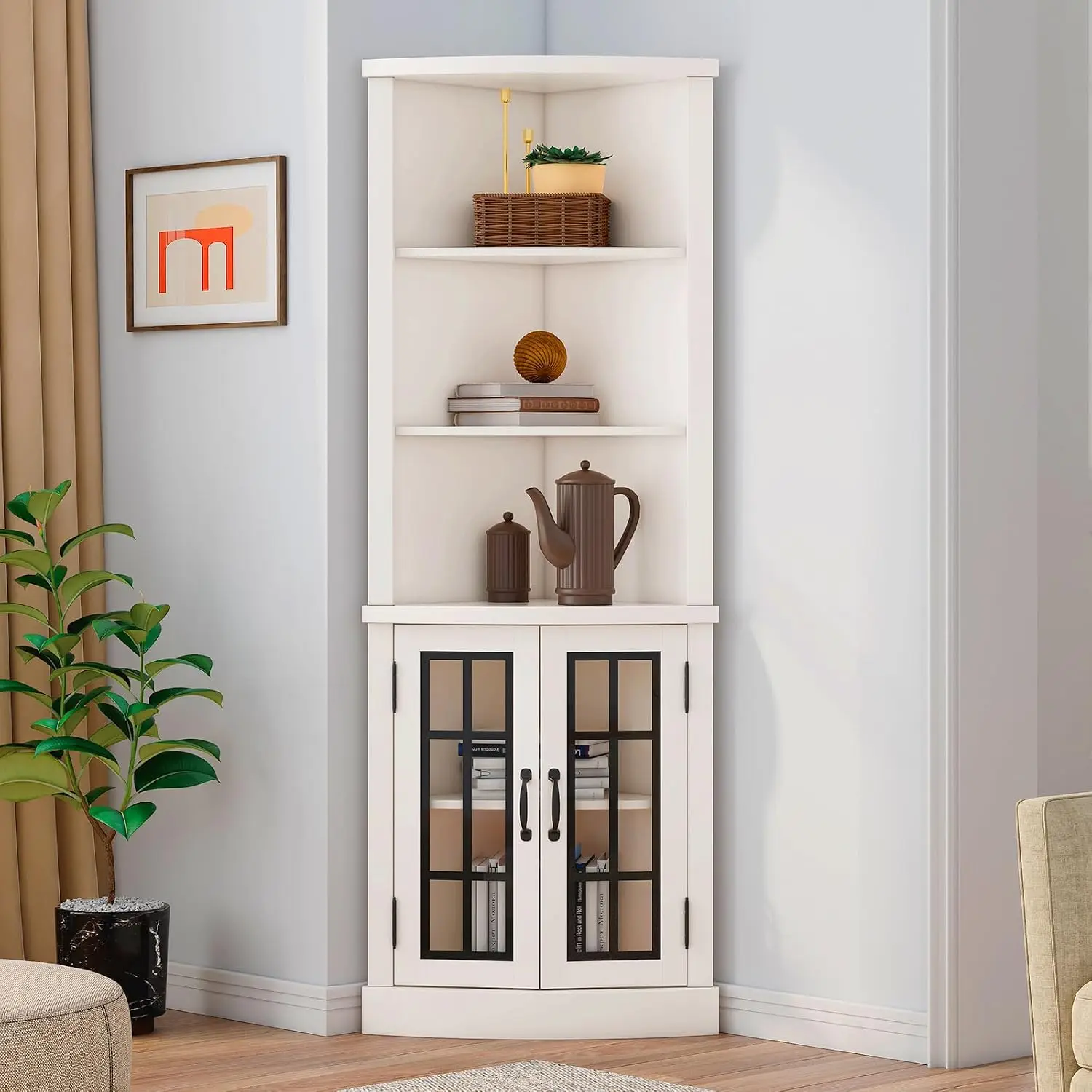 Curved Corner Cabinet 65in Tall Bookcase Glass Door Adjustable Shelf 5-Tier Display Living Room Bathroom, Customized