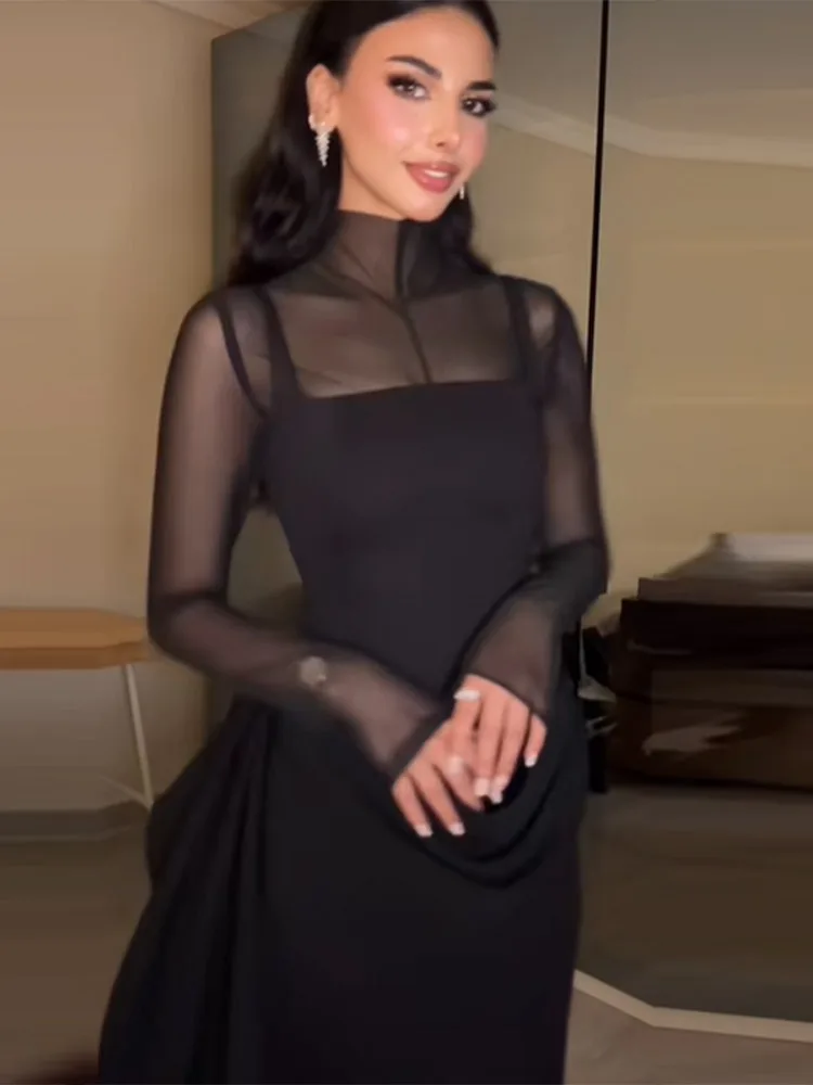 فستان نسائي مثير أسود شفاف أنيق برقبة عالية وأكمام طويلة فستان شبكي 2026 ملابس عصرية أنيقة للحفلات المسائية