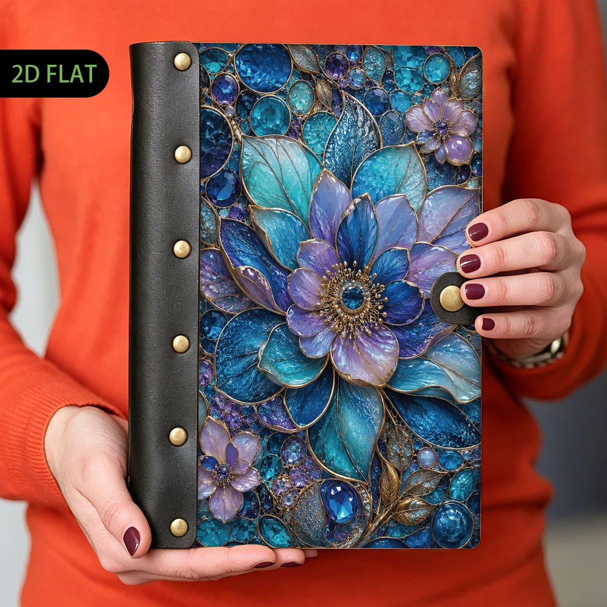 1PC 2D Flat Blue Crystal Flower Hardcover Notebook, 100 Pages, Leather Rivet Craftsmanship, Wooden Hard Cover Design, Loose Leaf