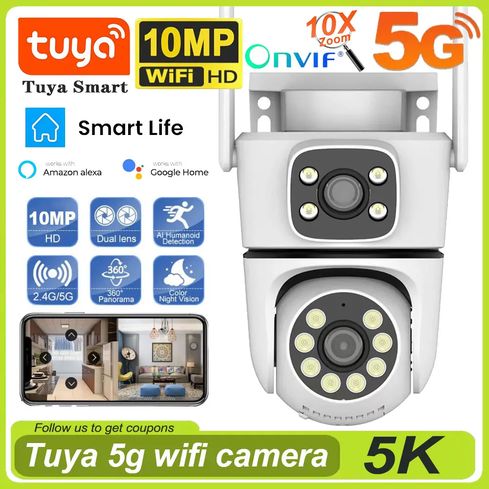 Tuya 10MP Dual Lens 5G Wifi IP Camera PTZ Outdoor 4K Dual Screen 10x Zoom Security-protection Camera Auto Tracking Surveillance