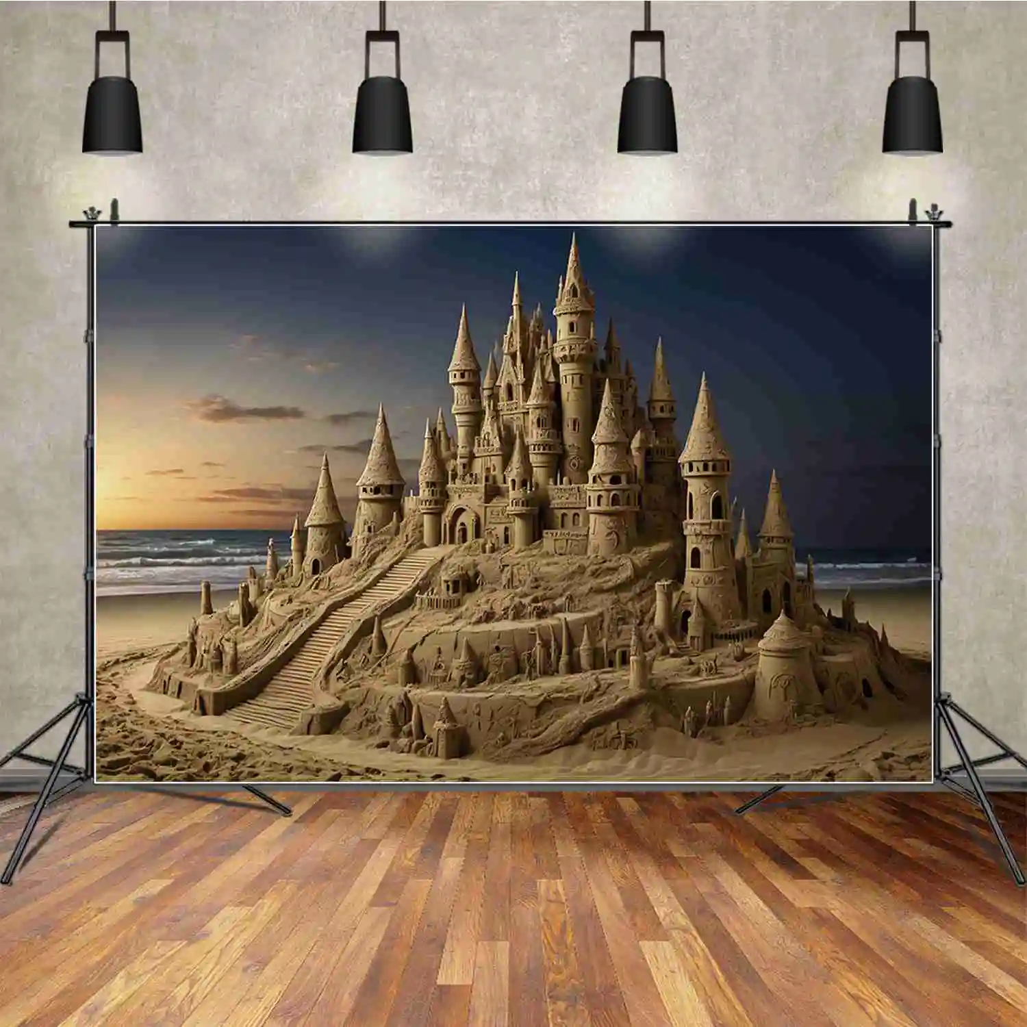 

MOON.QG Beach Castle Sand Birthday 1 Year Background Children's Summer Seaside Holiday Backdrops Custom Party Photography Props