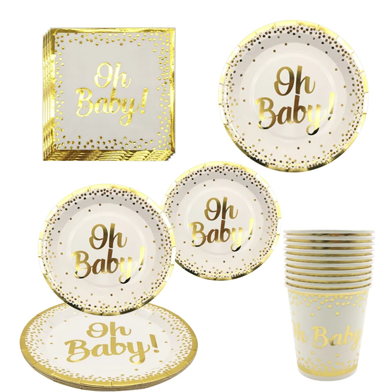 10 Stück Gold Oh Baby Einweggeschirr Teller Tasse Servietten Kindergeburtstag Party Dekoration Babyparty Geschlecht enthüllen Partybevorzugung