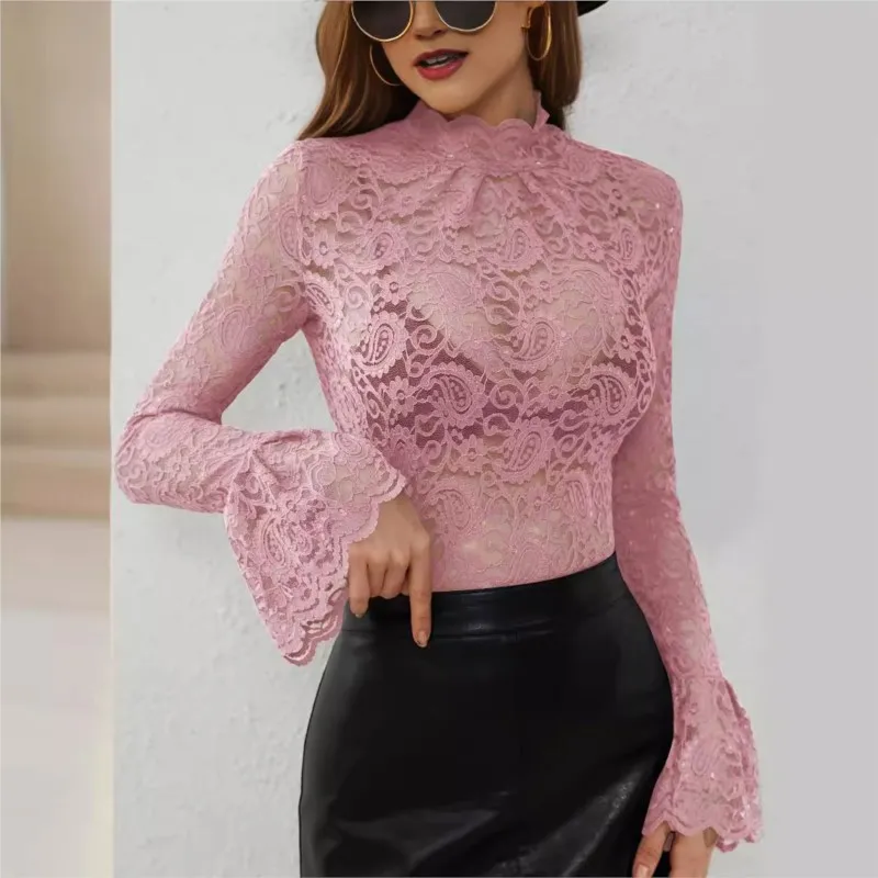 New Sexy T Shirt Cashew Flower Lace Figure-hugging And Slimming Top For Women Worn Outer Layer Flared Sleeves As An Inner Layer