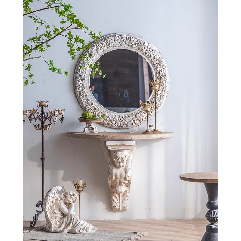 LJ2 European Hanging Display Solid Wood Floating Shelf Living Room Rustic Antique Storage Shelf Carving MgO Ledge