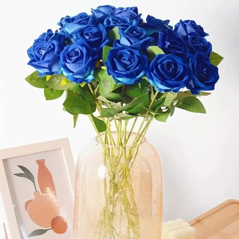 3/5 Stück lebensechte künstliche blaue Rosenblüten, Seidenblumenzweig für Zuhause, Hochzeit, Brautstrauß, Valentinstag, Party-Dekoration – Detail 1